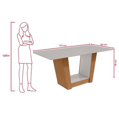 Mesa 1,70 Apogeu Com Vidro e 6 Cadeiras Apogeu Tecido Linho Rinzai Bege Amendoa Clean/Off White