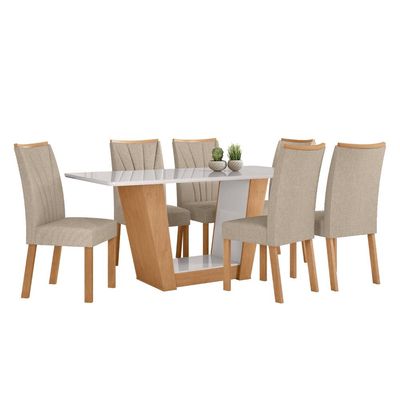 Mesa 1,70 Apogeu Com Vidro e 6 Cadeiras Apogeu Tecido Linho Rinzai Bege Amendoa Clean/Off White