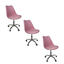 Kit 3 Cadeiras Office Base Cromada Com Rodizio Giratória Saarinen Rosa