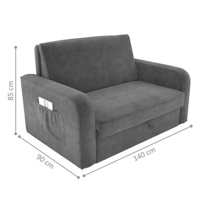 Sofá Cama Com Baú 2 Lugares Raheny Veludo Cinza