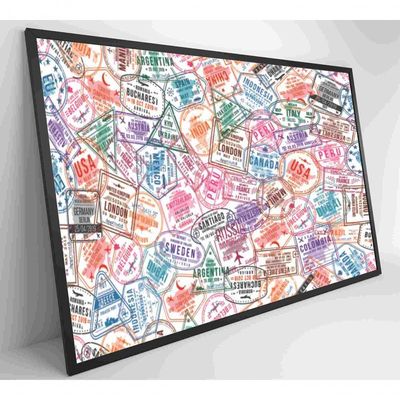 Quadro Selos De Viagens Em Passaporte Medidas 90x60 Cm Impressão Adesivo Fotográfico