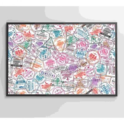 Quadro Selos De Viagens Em Passaporte Medidas 90x60 Cm Impressão Adesivo Fotográfico