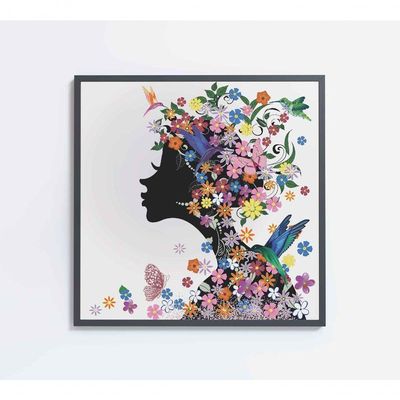 Quadro Desenho Mulher Com Flores Medidas 40x40 Cm Impressão Tecido Canvas