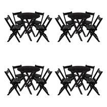 Kit 4 Conjuntos Mesa Redondo 70cm Dobrável Com 4 Cadeiras Em Madeira Maciça - Preto - Preto