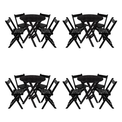 Kit 4 Conjuntos Mesa Redondo 70cm Dobrável Com 4 Cadeiras Em Madeira Maciça - Preto - Preto