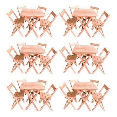 Kit 6 Conjuntos Mesa Dobrável 70x70cm Para Bar Com 4 Cadeiras Em Madeira Maciça - Cru - Bege