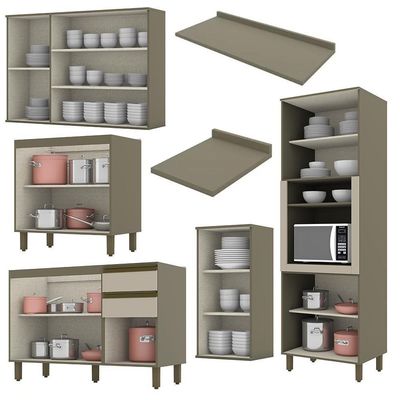 Cozinha Completa 6 Peças Connect Duna-cristal Com Aéreo 3 Portas Vidro - Móveis Henn Duna-cristal