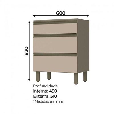 Balcão 3 Gavetas 60cm Duna-cristal Com Tampo Connect - Móveis Henn Duna-cristal