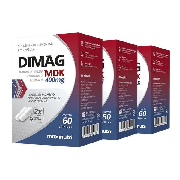 Kit 03 Dimag Mdk Di-magnésio Malato K2-7 Maxinutri 60 Caps