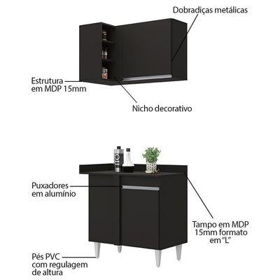 Balcão 1 Porta Denver E Armário Aéreo Austin De Canto Preto - Lumil