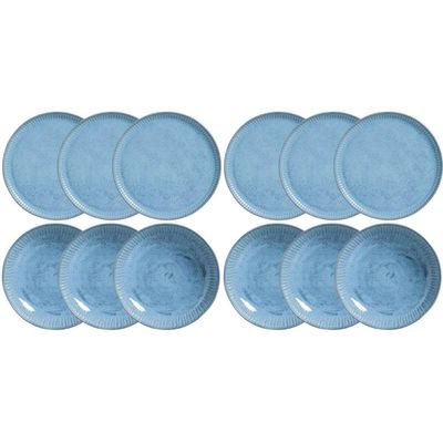 Conjunto 12 Pratos Rasos e Fundos Cerâmica Azul Breeze Porto Brasil Mesa Posta