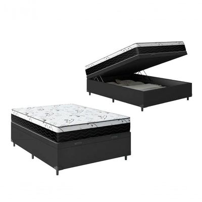 Cama Baú Casal 138 Tecido Sintético Preto Com Colchão Espuma D33 One Face Preto Bello - 58x138x188