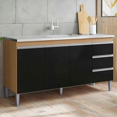 Balcão De Cozinha Com Pia Inox 160cm 3 Gavetas Andréia Amêndoa-preto - Ajl Móveis