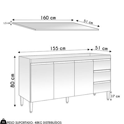 Balcão De Cozinha Com Tampo 160cm 3 Gavetas Andréia Amêndoa-preto - Ajl Móveis