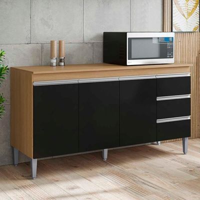 Balcão De Cozinha Com Tampo 160cm 3 Gavetas Andréia Amêndoa-preto - Ajl Móveis