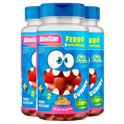 Kit 3 Gummy Kids Ferro + C Unilife 30 Gomas Laranja