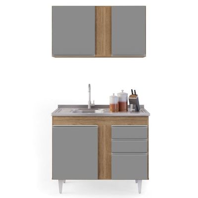 Armário Aéreo Indiana E Balcão Gabinete 100cm Com Pia Inox Luziania Castanho-cinza - Lumil