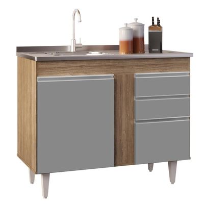Armário Aéreo Indiana E Balcão Gabinete 100cm Com Pia Inox Luziania Castanho-cinza - Lumil