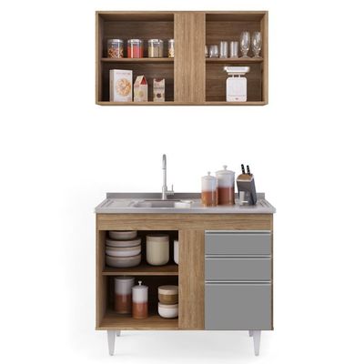 Armário Aéreo Indiana E Balcão Gabinete 100cm Com Pia Inox Luziania Castanho-cinza - Lumil