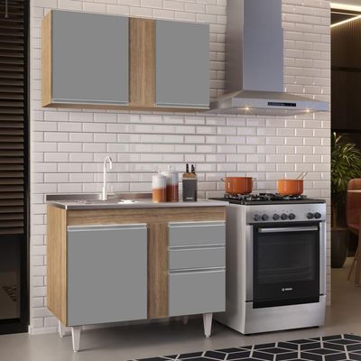 Armário Aéreo Indiana E Balcão Gabinete 100cm Com Pia Inox Luziania Castanho-cinza - Lumil