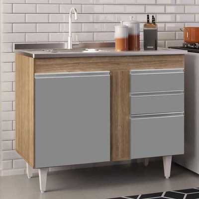 Armário Aéreo Indiana E Balcão Gabinete 100cm Com Pia Inox Luziania Castanho-cinza - Lumil