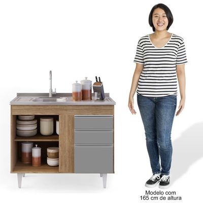 Armário Aéreo Indiana E Balcão Gabinete 100cm Com Pia Inox Luziania Castanho-cinza - Lumil