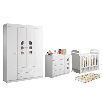Dormitório Lívia Guarda Roupa, Cômoda E Berço Danny Branco Com Colchão Supreme - Phoenix Baby Branco