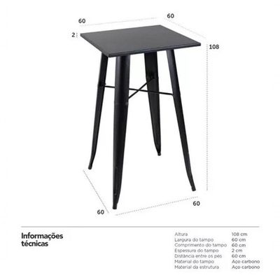 Mesa Bistrô Alta Tolix 60x60cm Preta, Ideal Para Bar, Café Ou área Gourmet