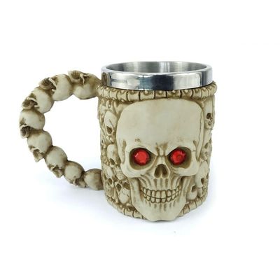 Caneca Caveira Olho Vermelho Alça 400ml Copo Metal E Resina