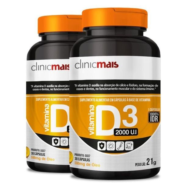 Kit 2 Vitamina D3 2000 U.i 500mg Clinicmais 30 Cápsulas