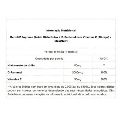 Dermup Supreme - ácido Hialurônico - D-pantenol - Vitamina C 30 Caps