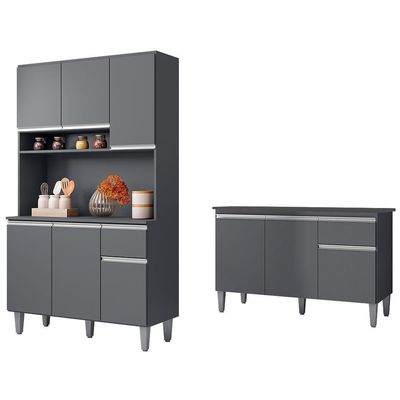 Cozinha Compacta Márcia E Balcão Gabinete Com Tampo Tatiane 120cm Cinza - Ajl Móveis
