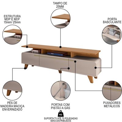 Rack Bancada Para Tv 70 Pol 200cm 3 Portas Amago H01 Off White/cinamomo - Mpozenato