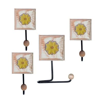 Kit Para Banheiro Com 3 Toalheiros E 1 Porta Papel Higiênico Rustico Flor Branca Cor Amarelo