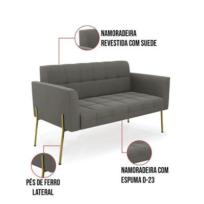 Sofá Namoradeira E Poltrona Pé De Ferro Dourado Elisa Suede D03 - D'rossi Cor Grafite