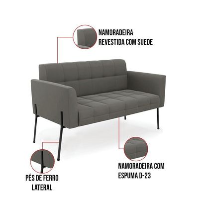 Sofá Namoradeira 2 Lugares Pé De Ferro Preto Elisa Suede D03 - D'rossi Cor Grafite