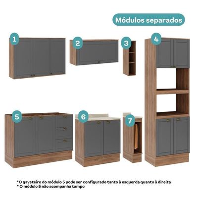 Armário De Cozinha Completa Com Balcão Milla Quest Carraro Nogal Cinza Titânio