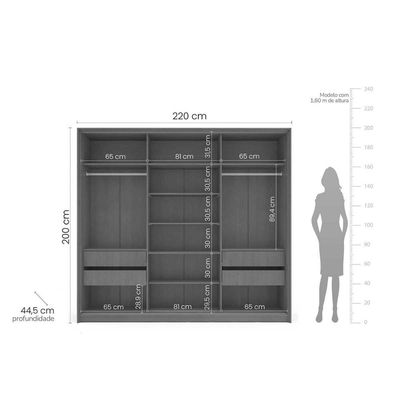 Guarda Roupa 3 Portas de Correr e 4 Gavetas Valência Branco - Politorno