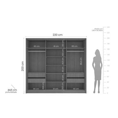 Guarda Roupa 3 Portas de Correr (1 c/ espelho) e 4 Gavetas Valência Freijo/Azul - Politorno