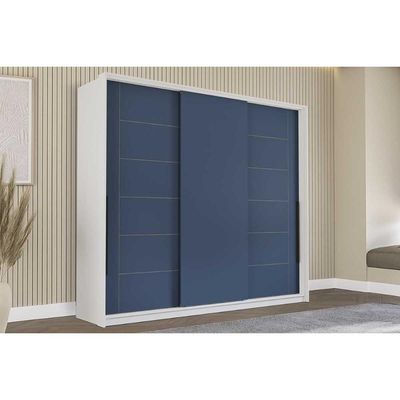 Guarda Roupa 3 Portas de Correr e 4 Gavetas Lisboa Branco/Azul - Politorno