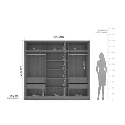 Guarda Roupa 3 Portas de Correr e 4 Gavetas Lisboa Branco/Cinza - Politorno