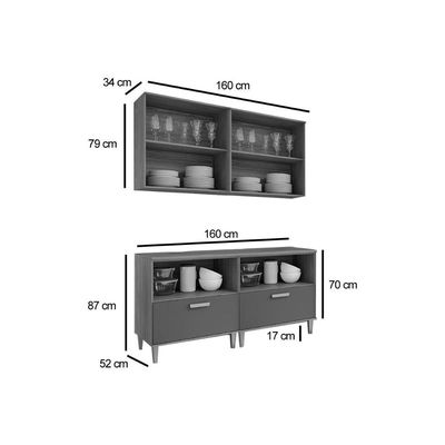 Cozinha Modulada MGM Bella 4 Peças s/ Portas (2Aéreo+2Balcões) 160cm Freijo/Titanium-MGM