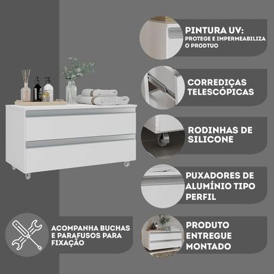 Gabinete Banheiro Rodinhas Joia 80cm 02 Gavetas Branco Inteiro