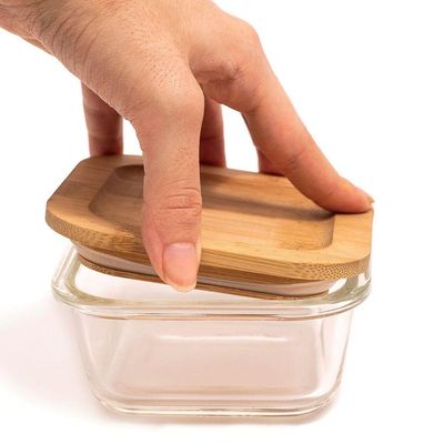 Pote De Vidro Quadrado 320ml Tampa De Bambu Oikos