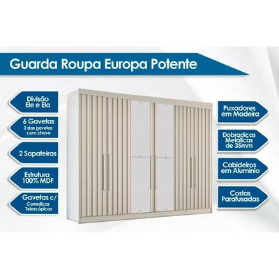 Guarda Roupa 6 Portas Ripadas (2 c/ Espelho) e 6 Gavetas Potente Braúna - Europa