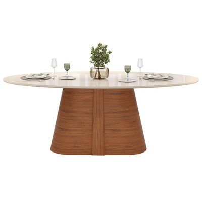 Mesa Multiuso Cozinha Ryze c/ Tampo Madeirado c/ Vidro Oval 218x108cm Freijo/Off White - DJ Móveis