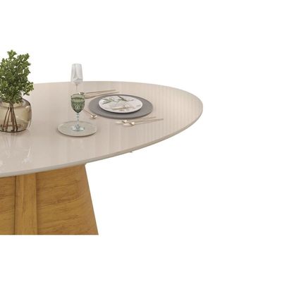 Mesa Multiuso Cozinha Ryze c/ Tampo Madeirado c/ Vidro Oval 218x108cm Freijo/Off White - DJ Móveis