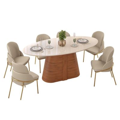 Mesa Multiuso Cozinha Ryze c/ Tampo Madeirado c/ Vidro Oval 218x108cm Freijo/Off White - DJ Móveis