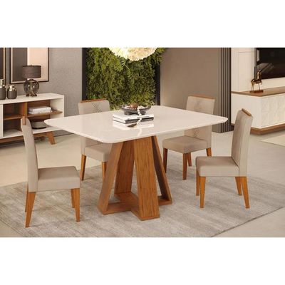 Mesa Multiuso Cozinha Kiara c/ Tampo Madeirado c/ Vidro Curvo 120x90cm Freijo/Off White - DJ Móveis