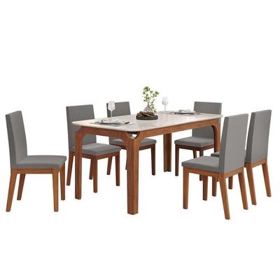 Mesa Multiuso Cozinha Marina c/ Tampo Madeirado c/ Vidro Curvo 160x80cm Freijo/Off White - DJ Móveis